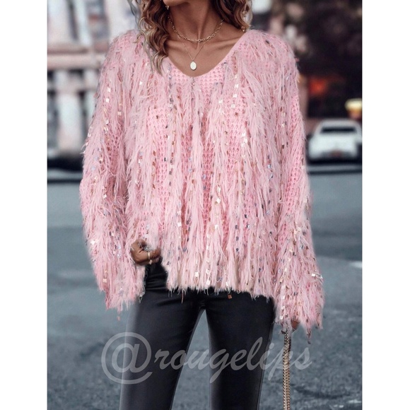 Fun Fuzzy Embellished Pullover Sweater V-Neck Pink Soft and Stretchy Knit - Picture 5 of 11